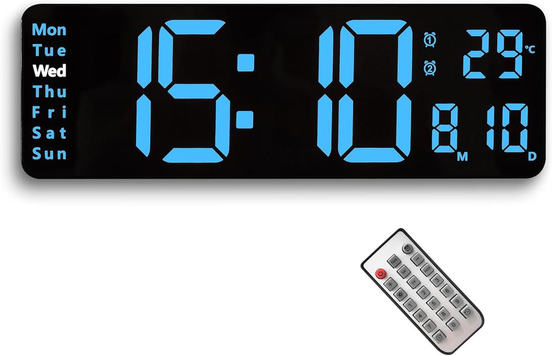 Digital Wall Clock with 13.2 Inch Large Display, Big Digits, Remote Control,Auto Dimming,10-Level Brightness,Timer,DST, Date,Week,Temperatur Display,Dual Alarm for Living Room Wall Decor