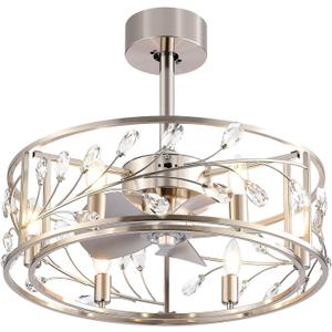 20 Inch Caged Ceiling Fan with Light and Remote, Quiet Reversible AC Motor, 5 ABS Blades, Modern Industrial Crystal Low Profile Small Ceiling Fan Light for Bedroom Home Indoor (Satin Nickel) 20 Inch Caged Ceiling Fan with Light and Remote, Quiet Reversible AC Motor, 5 ABS Blades, Modern Industrial Crystal Low Profile Small Ceiling Fan Light for Bedroom Home Indoor (Satin Nickel)