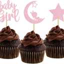 Morndew 24 PCS Pink Glitter Baby Girl Moon Star Cupcake Toppers for Girls Birthday Party Gender Reveal Party Baby Shower Decorations