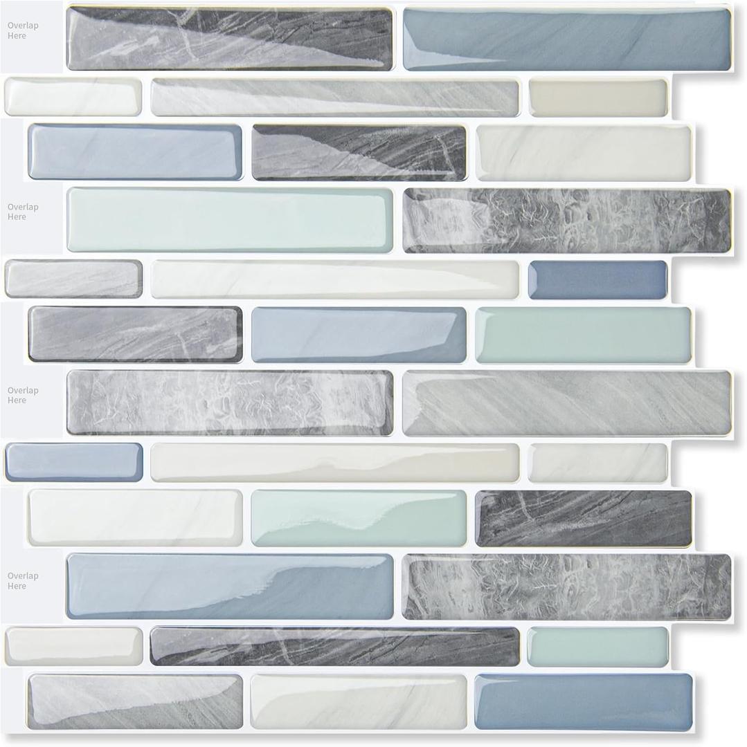 LONGKING Self-Adhesive Kitchen Backsplash, Marble Look Decorative Tiles (10 Tiles) (Blue)