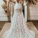 Women's Wedding Dresses Boho for Bride with Long Sleeves Plus Size Lace Beach Bridal Gowns Bohemian Wedding Gowns (White), 8