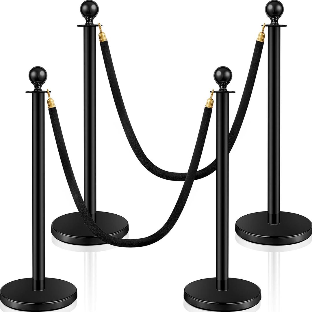 Ferraycle 4 Pcs Stainless Steel Crowd Control Stanchions and Velvet Ropes 5 ft Red Carpet Poles Black Ropes Safety Barriers with Sand Injection Hollow Base for Party Supplies
