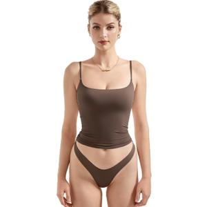 SUUKSESS Women Double Line Square Neck Tank Top Going Out Sleeveless Cami Shirts (Brown, M)