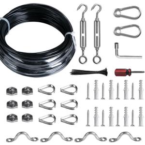 Brightown String Lights Hanging Kit for Outdoor, Includes 100Ft Stainless Steel(304) Suspension Rope Cable in Black Vinyl-Coated, Turnbuckle, Thimble, Hooks. Heavy Duty and Easy to Install