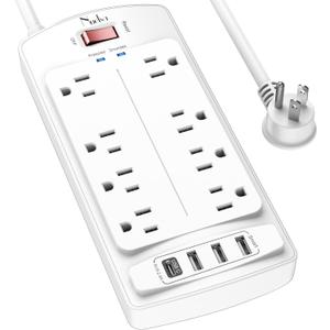 6FT Surge Protector Power Strip, Nuetsa Extension Cord with 8 Outlets and 4 USB Ports, 6 Feet Power Cord (1625W/13A), 2700 Joules, ETL Listed, White
