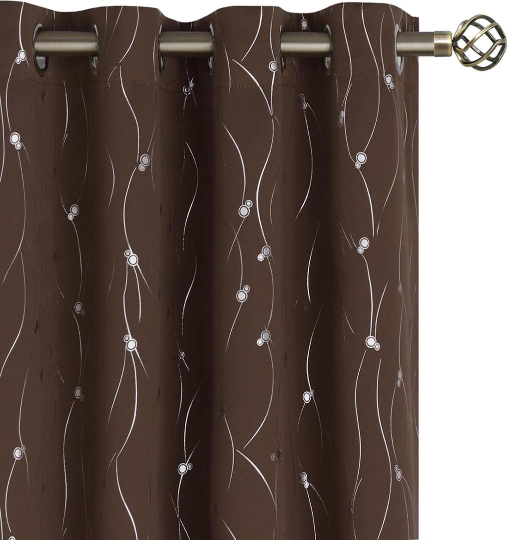BGment Blackout Curtains 45 Inches Long, Grommet Thermal Insulated Blackout Curtains with Wave Line and Dots Printed for Bedroom, 2 Panels, Each 42 x 45 Inch, Brown