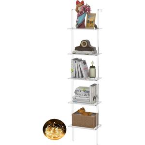 Nynelly 5-Tier Acrylic Ladder Bookshelf, Wall Mounted Narrow Display Shelf for Small Spaces, Clear Organizer Bookcase for Living Room, Bathroom, Office, Multipurpose Open Shelf Unit