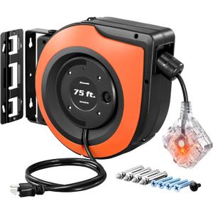 DEWENWILS 75 FT Retractable Extension Cord Reel with 6 Grounded Outlets, 14/3C SJTOW Heavy Duty Power Cord with New Twist-Lock Stopper, 10A Circuit Breaker, ETL Listed (Orange)