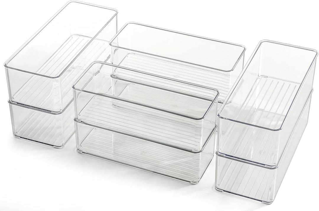 Hudgan 8 Pack Clear Plastic Drawer Organizers Set, Stackable Deep Drawer Organizer for Makeup Vanity and Desk, 2 Sizes Tall Bathroom Drawer Organizer
