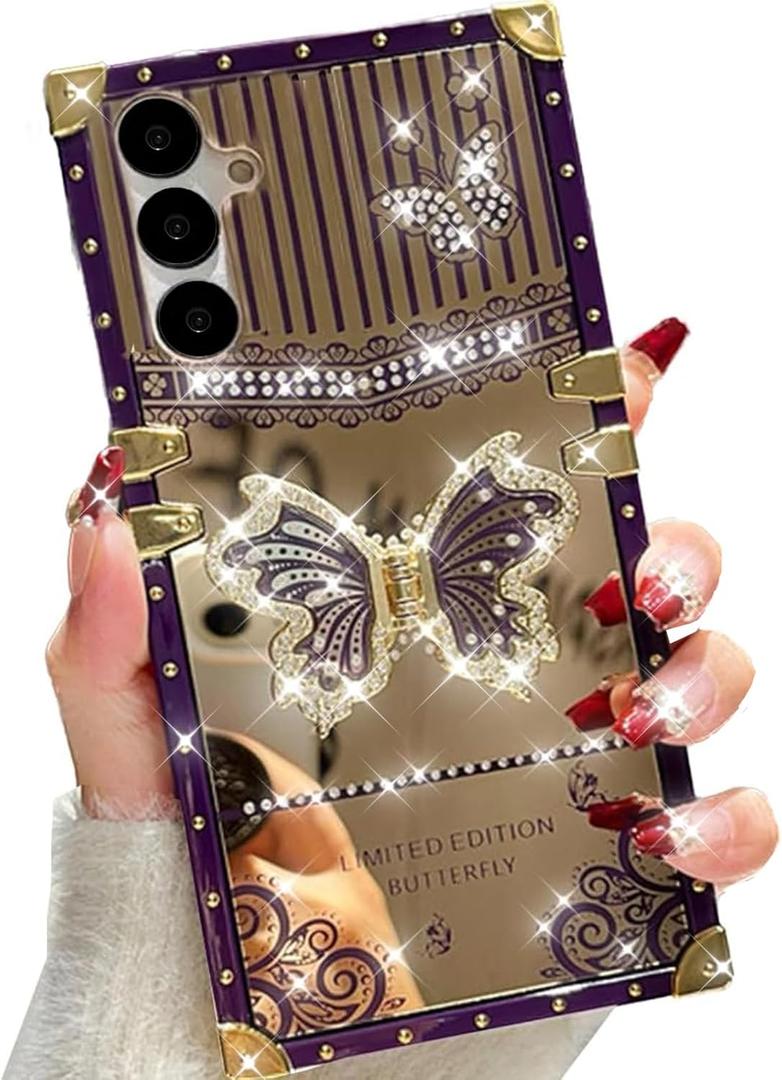 Changjia for Samsung Galaxy S24 Plus Kickstand Case,Cute Luxury Glitter Bling Sparkly Diamond Butterfly with Foldable Stand Elegant Mirror Back Shockproof Women Girls Case for Galaxy S24 Plus, Purple
