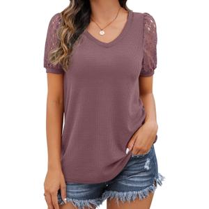 IWOLLENCE Waffle Knit Lace Short Sleeve Blouses V Neck T Shirts Summer Casual Tops for Women (Small, 02 Rust Red)