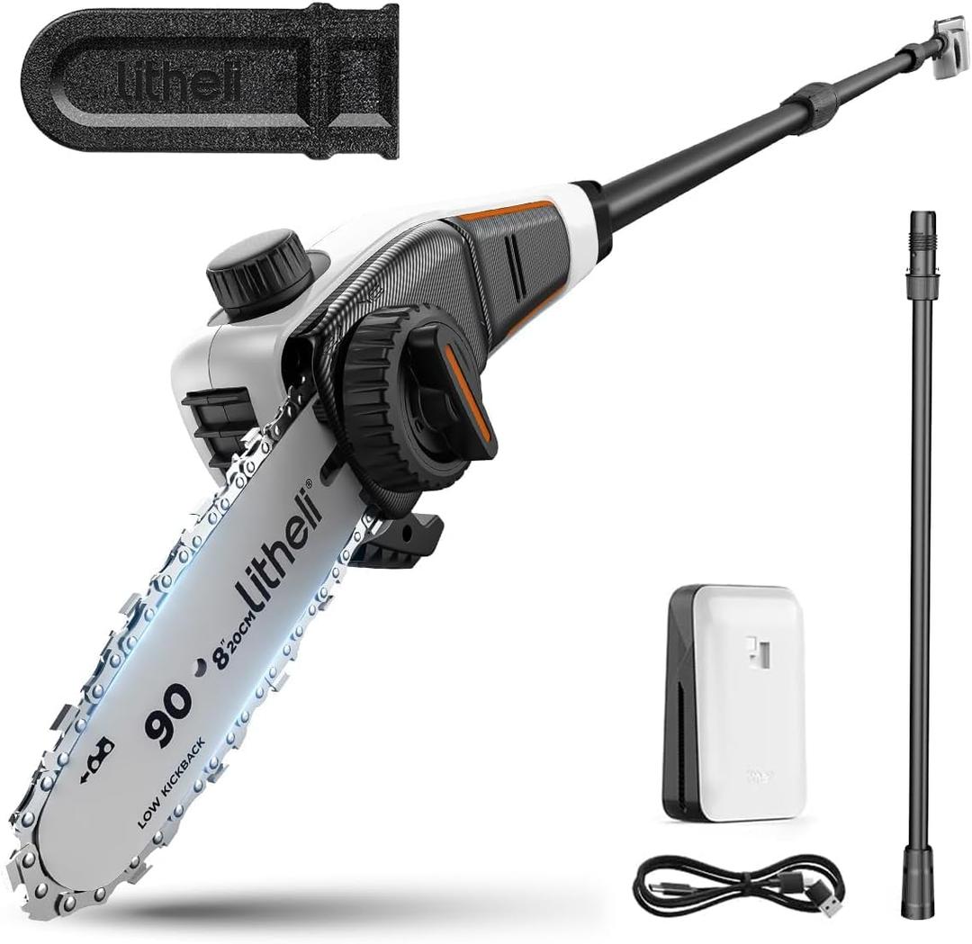 Litheli 20V Pole Saw Battery Powered for Tree Trimming, 8'' Electric Cordless Pole Chain Saw with 2.5Ah Battery for Tree Trimming 28ft/s Cutting Speed for Branch Cutting, Trimming, Pruning