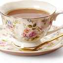 8 oz Vintage flower Ceramic cup and 6" Saucer Set With Brand customized Stainless Steel Spoon Gifts for Afternoon Tea Coffee Hour (H)