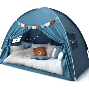 Razee Twin Bed Tent for Kids, Twin Size Toddler Canopy Indoor Playhouse Canopy Privacy Tent on Bunk Bed Sleep Inside Drafty Room Kid Toys for Boy Girl Birthday Gift, Blue Jean Color