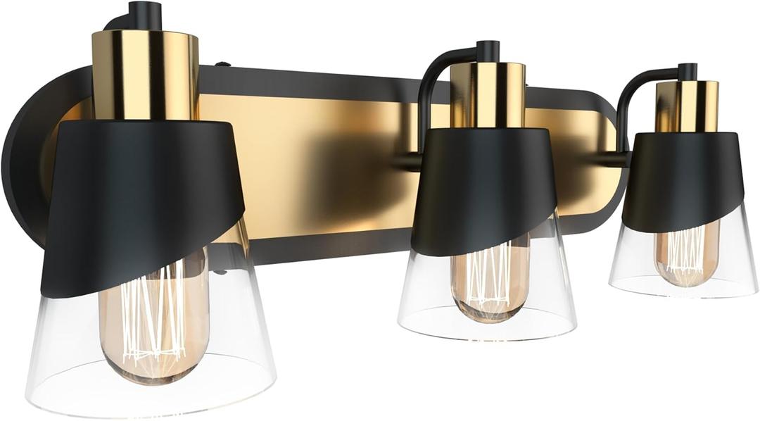 URSOLA Bathroom Vanity Light, 3 Lights Bathroom Light Fixtures, 19.7 inch Bathroom Light Fixtures Over Mirror Black and Gold, with Bevelled Edge and Clear Glass Shade Wall Lamp