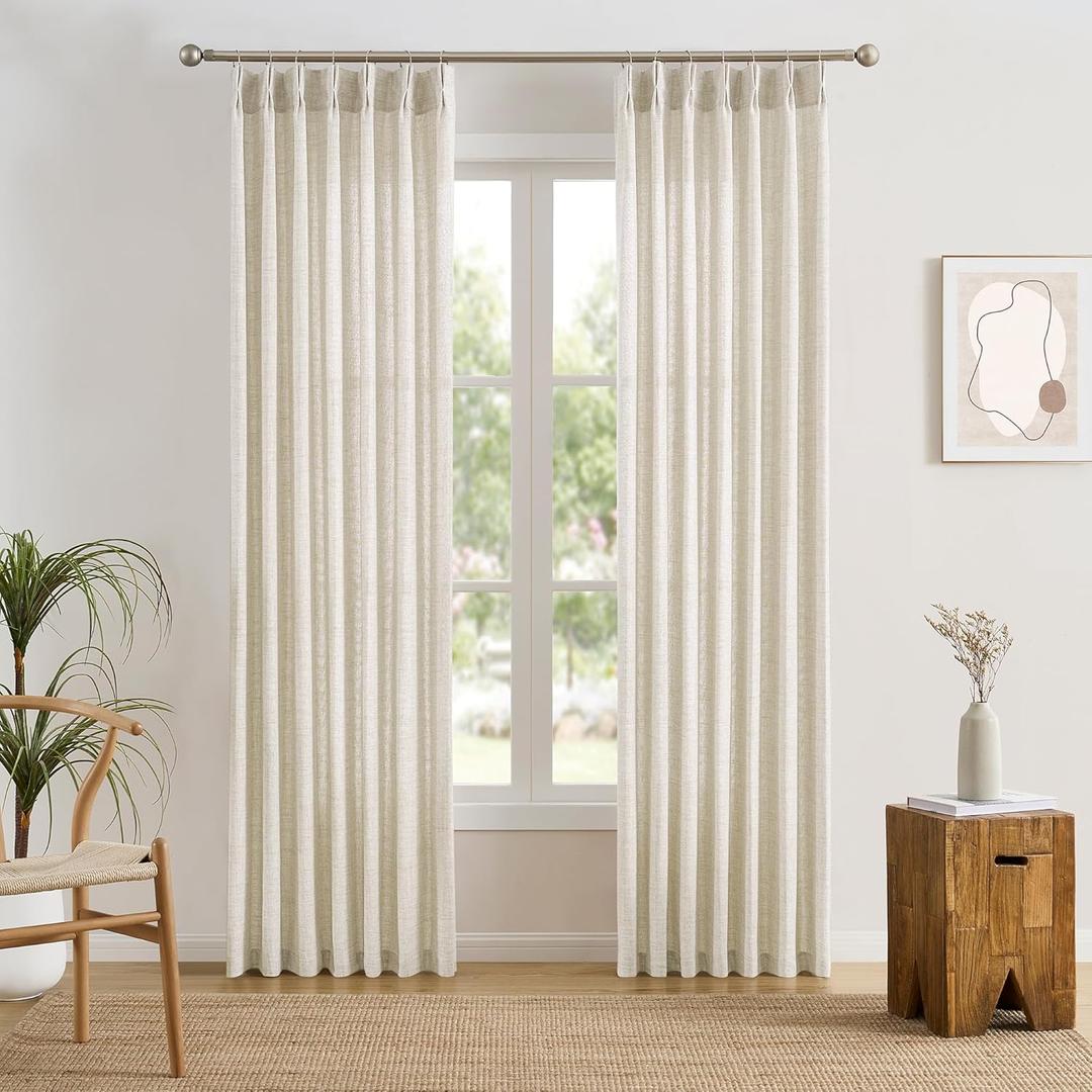 RAIN CITY Pinch Pleat Curtains 84 Inches Long 2 Panels Set, Elegant Pleated Viral Linen Curtain for Living Room, Boho Natural Ivory Semi Sheer Drapes for Bedroom 42x84 Back Tab with Hooks