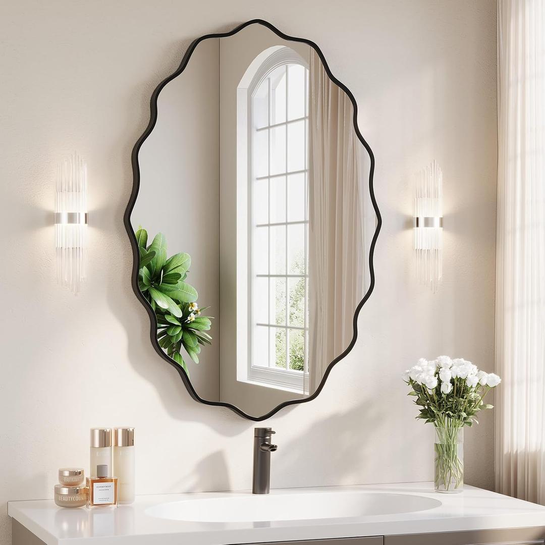 ULIKE Black Bathroom Mirror 20x30 - Shatter-Proof Tempered Glass, Wavy Metal Frame, Wall Mount Oval Mirror for Over Sink/Vanity (H or V), Matte Black Bathroom Entryway Decor