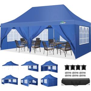 COBIZI 10x20 Pop Up Canopy Tent with 6 Sidewalls, Waterproof Commercial Canopy Ez Outdoor Instant Gazebo Easy to Set up Event Shelter, Garden Tents for Parties with Sandbags, Blue