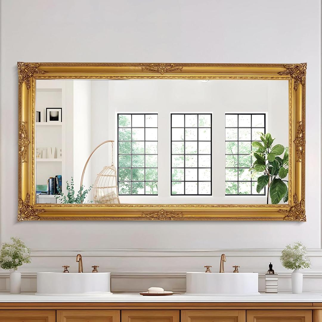Large Decorative Mirror, 53"x29.5"Traditional Antique Baroque Mirror, Vintage Gold Decor for Living Room, Fireplace, Entryway, Horizontal/Vertical