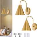 Powfloven Vintage Cordless Gooseneck Battery Operated Wall Sconces Set of 2, Gold Bedside Battery Powered Wall Decor Lamps with Remote Control, Wireless Indoor LED Lights Fixture for Bedroom Hallway
