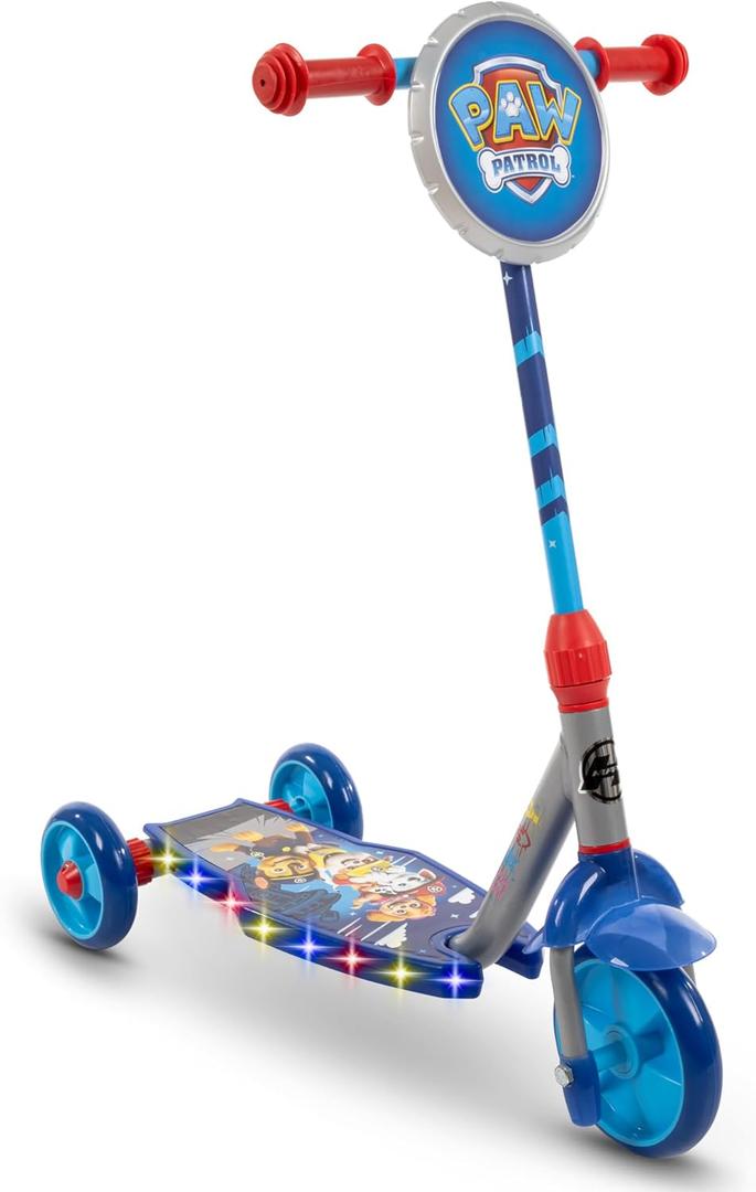 Huffy Toddler 3-Wheel Scooter for Kids, Multiple Colors & Licensed Character Graphics, Ages 3+, Durable Steel Frame, Wide Non-Slip Deck, Stable Lean-to-Steer Design, Light-Up Options, Girls/Boys (Paw Patrol | Blue)