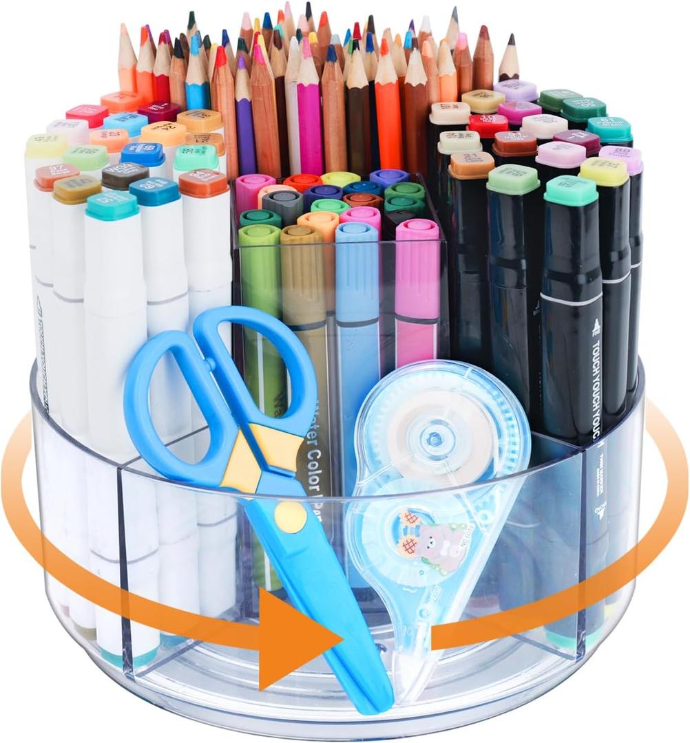 Pencil Holder for Desk, 360-Degree Rotating Pen Marker Crayon Organizer, Spinning Acrylic Desk Pen Organizer Storage, 5 Slots Large Capcaity Caddy for Home Office School Kids Art Supplies (Diameter 6.9")