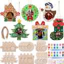 Blueweenly 24 Pcs Wood Unfinished Christmas Photo Frame Ornaments Craft Kit DIY Christmas Tree Snowman Gingerbread House 3D Picture Ornament with Brushes Gem Stickers for Activity Gift 6 Styles