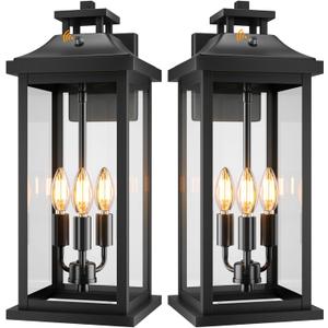 VenzBlomia 20" Large Dusk to Dawn Outdoor Lights 3-Light, 2 Pack Black Modern Exterior Lighting Fixtures Photocell Sensor Outside Porch Lights Wall Mount, Waterproof Patio Exterior Sconce Lamps E12