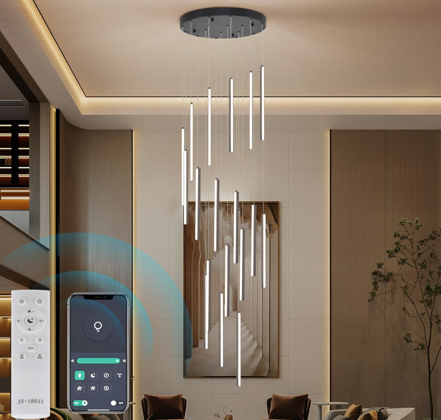 98" Modern LED Chandelier, 18-Lights Dimmable High Ceiling Large Hanging Lighting Fixture for Loft Villa Living Room Stairs Foyer (Black, 18-Lights 19.7in)