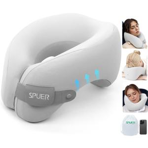2in1 Ergonomic Memory Foam Travel Neck Pillow, Travel Pillow for All Sleep Positions on Flights, Road Trips, and Long Distance Travel with Drawstring Bag, Gray (Hook & Loop Tape)