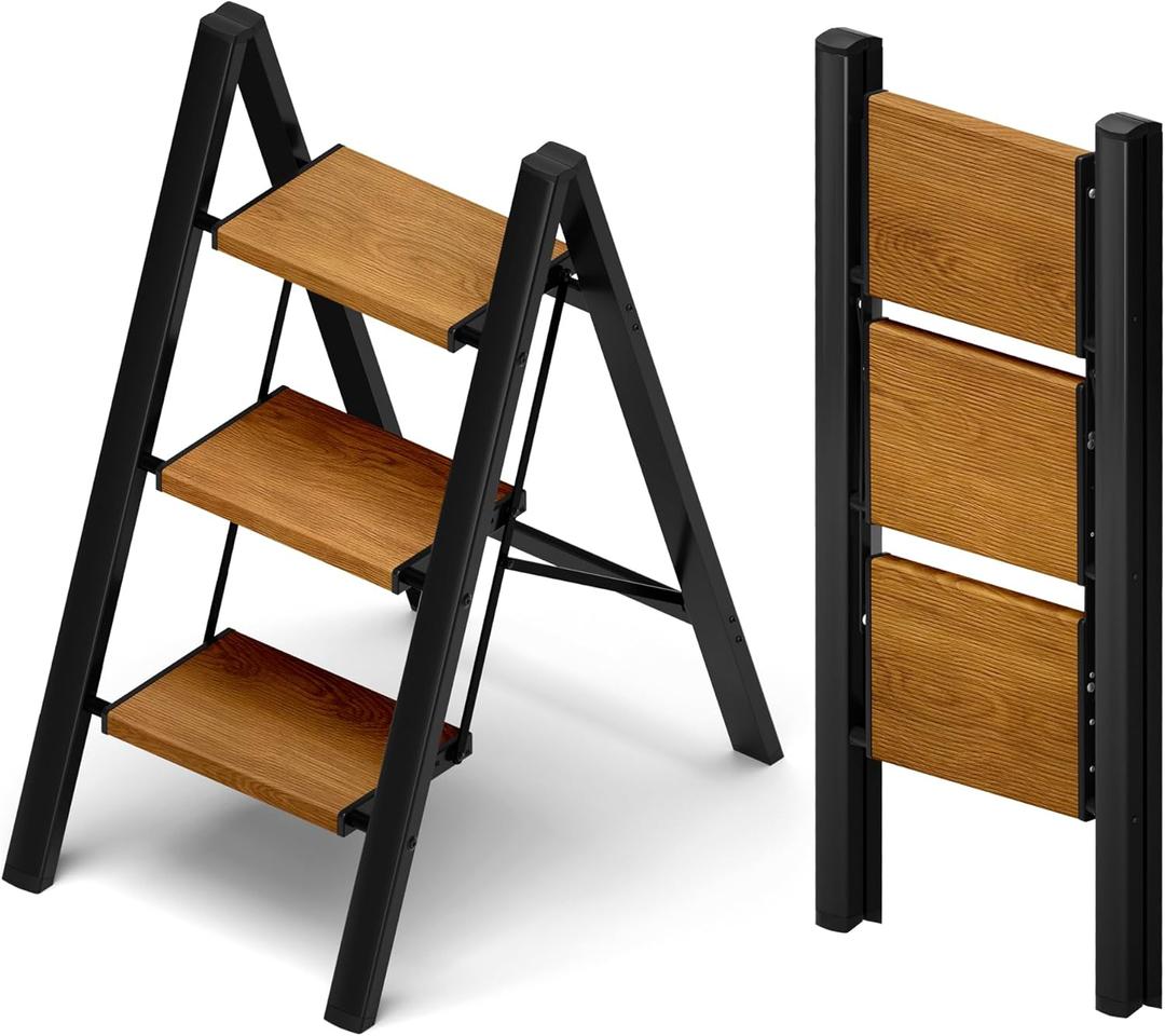 Taranta 3 Step Ladder,Aluminum Lightweight Folding 3 Step Stool with Anti-Slip Wide Pedal, 330lbs Capacity Step Ladder for Household,Kitchen,Office - BlackWoodgrain