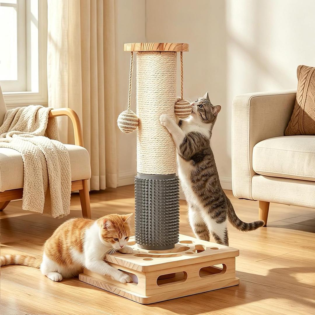 20.5 Inch Cat Scratching Post, 4-in-1 Interactive Maze Base with Cat Self Groomer, Natural Pine Wood & Premium Sisal Scratching Pole, Anti-Slip Detachable Design for Indoor Cats