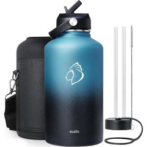 BUZIO Insulated Water Bottle with Straw Lid and Flex Cap, 64oz Double Wall Vacuum Stainless Steel Water Thermo Wide Mouth Lid, Cold for 48 Hrs Or Hot for 24 Hrs Sweat Proof Flask, Indigo Crush