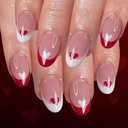 Valentines Press on Nails Short Oval Fake Nails with Red White Heart Designs French Tip False Nail Romantic Glossy Stick on Nail for Women 24 Pcs