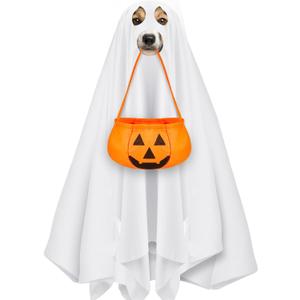 Sadnyy 31.5 x 47.2 Large Halloween Ghost Dog Costume Sets Includes Dog Costumes with Bucket, Ghost Costume with Felt Pumpkin Bucket for Halloween Medium Large Doggy Cat Trick or Treat Bags