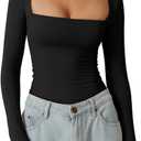 QINSEN Women's Sexy Square Neck Shirt Long Sleeve Double Lined Tees Fitted Going Out Tops (Black), XL