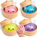 Glitter Dumpling Squishy Mystery Box 4 Pcs - 2026 Upgraded Dumplings Squishes for Adults Teens Squeeze Easter Basket Stuffers Smiling Yellow Pink Purple Light Blue