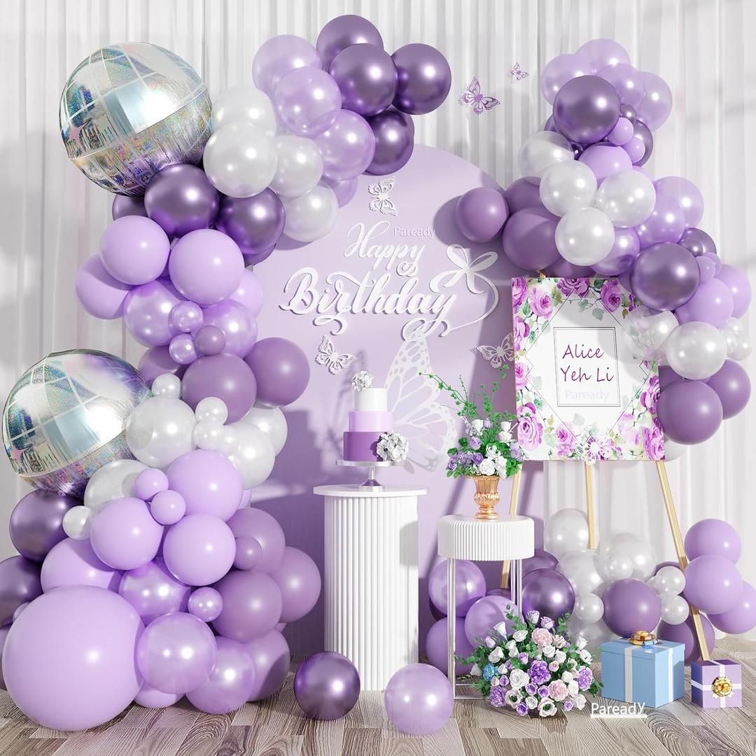 Purple Balloon Arch Kit, 120pcs Purple Balloon Garland Kit With Disco Ball Foil Balloons, Metallic Purple Pearl White Different Sizes For Birthday Wedding Baby Shower Party Bachelorette Decorations