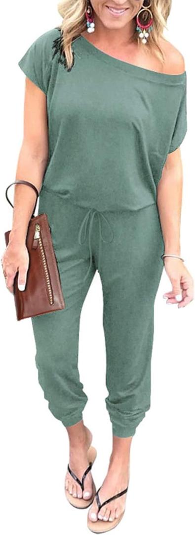 PRETTYGARDEN Jumpsuits for Women 2025 Summer Dressy Off Shoulder Romper Spring Vacation Travel Lounge Outfits Clothes (Medium, Light Green)