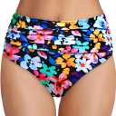 Tempt Me Women's High Waisted Bikini Bottom Tummy Control Ruched Bathing Suit Swim Bottom (Colorful Flower), Medium