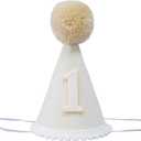 OUR FANDA First Birthday Party Hat, Cream White Felt with Pom Pom, Number 1 Design