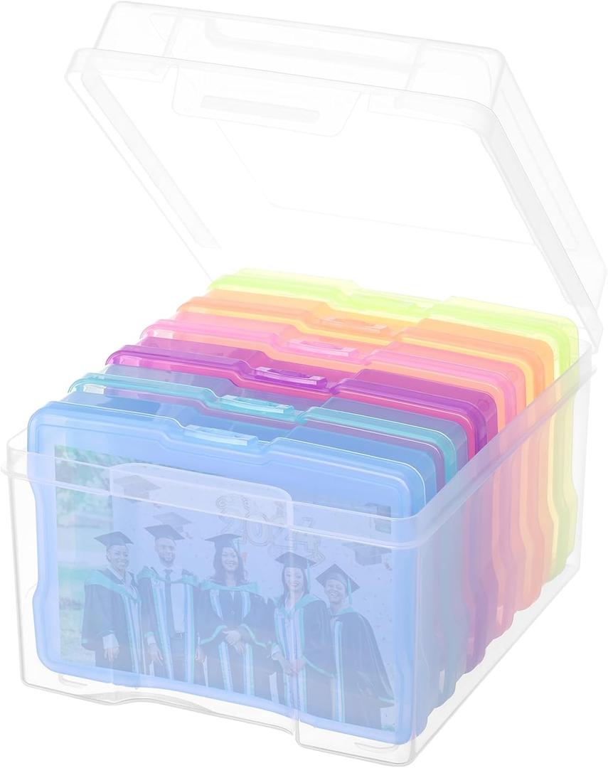 Photo Storage Box 5" x 7", Extra Large Transparent Plastic Photo Organizer Craft Keeper with 6 Colorful Inner Case for Cards, Pictures, Stamps, Stickers, Seeds, Office Supplies