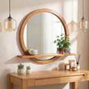 Vercraft 24 Inch Round Wall Mirror with Shelf Solid Wood Frame Rustic Circle Mirror Handcrafted for Entryway Bathroom or Living Room Decorative
