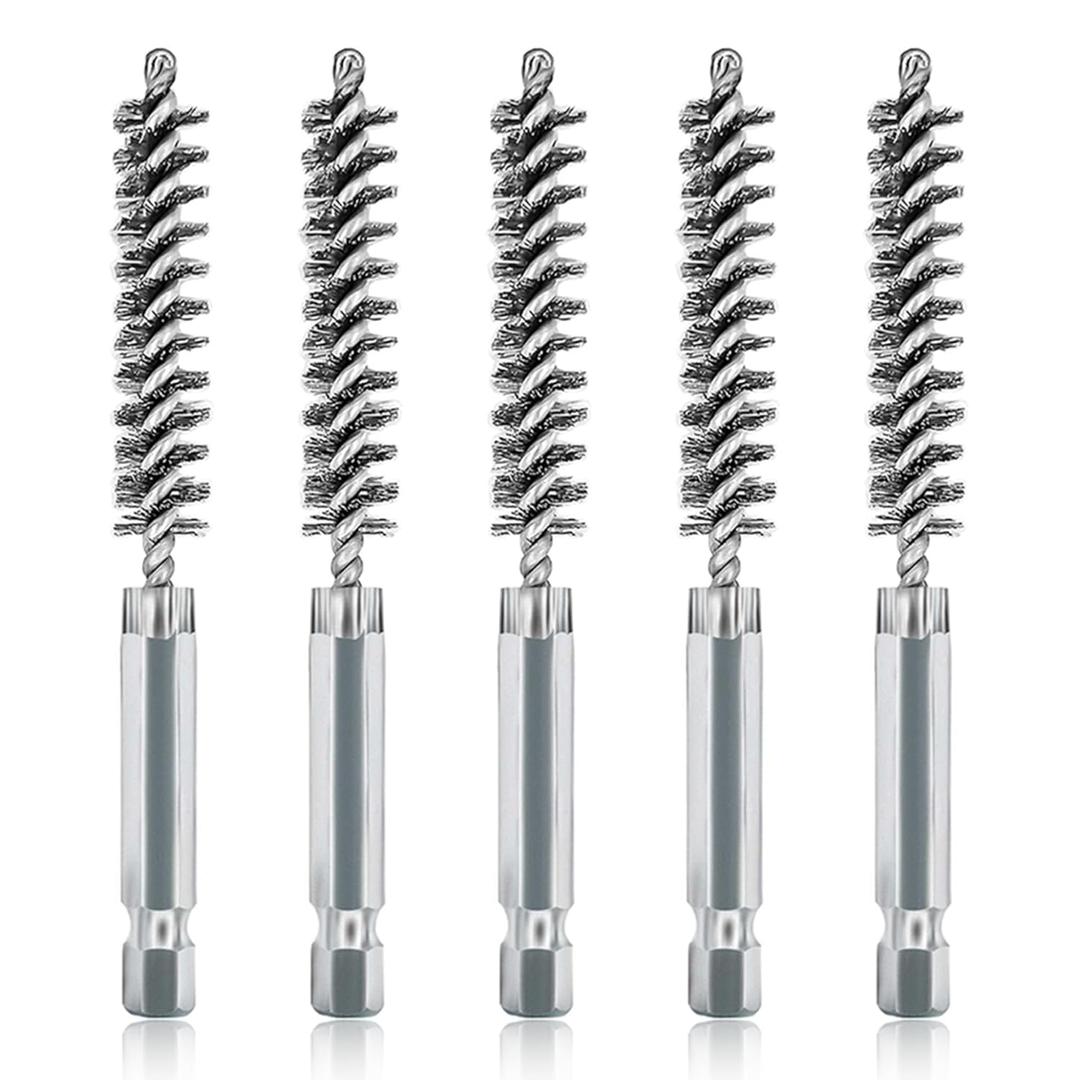 ASNOMY 5Pcs 3/8" Stainless Steel Bore Brush Set - Stainless Steel Bristles Wire Brush with 1/4" Hex Shank