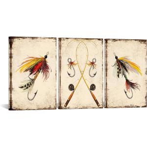 KREATIVE ARTS 3 Pieces Vintage Lake Fishing Lures Wall Art Lake Baits & Flies Canvas Prints, Fishing Decor for Bedroom, Living Room, Man Cave Each Panel 16x24