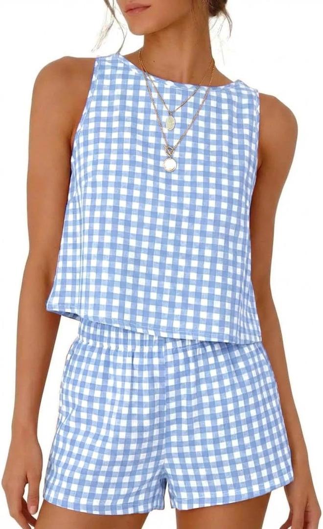 IDEALSANXUN Womens Two Piece Sets Summer Beach Spring Gingham Tank Tops and Plaid Shorts Pajama Sets (Blue, XL)
