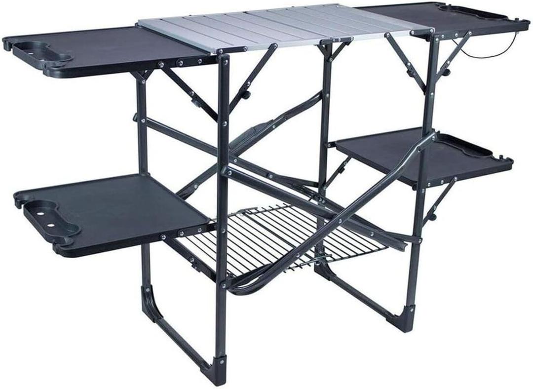 GCI OUTDOOR Slim-Fold Cook Station | Portable Folding Kitchen Table with a Heat Resistant Tabletop, 4 Side Tables & Storage Rack, Perfect for Picnics & Camping Trips, 52"d X 21"w X 32"h