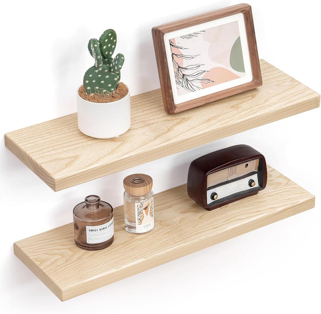 Floating Shelves for Wall, 24 Inch Raw Wood Shelves Set of 2, Natural Ash Wood Floating Shelves for Living Room Bedroom Kitchen Home Office - Natural (24inch)