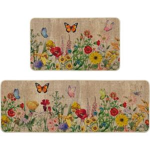 Artoid Mode Wood Flowers Butterfly Spring Kitchen Mats Set of 2, Seasonal Home Decor Leaves Low-Profile Kitchen Rugs for Floor - 17x29 and 17x47 Inch