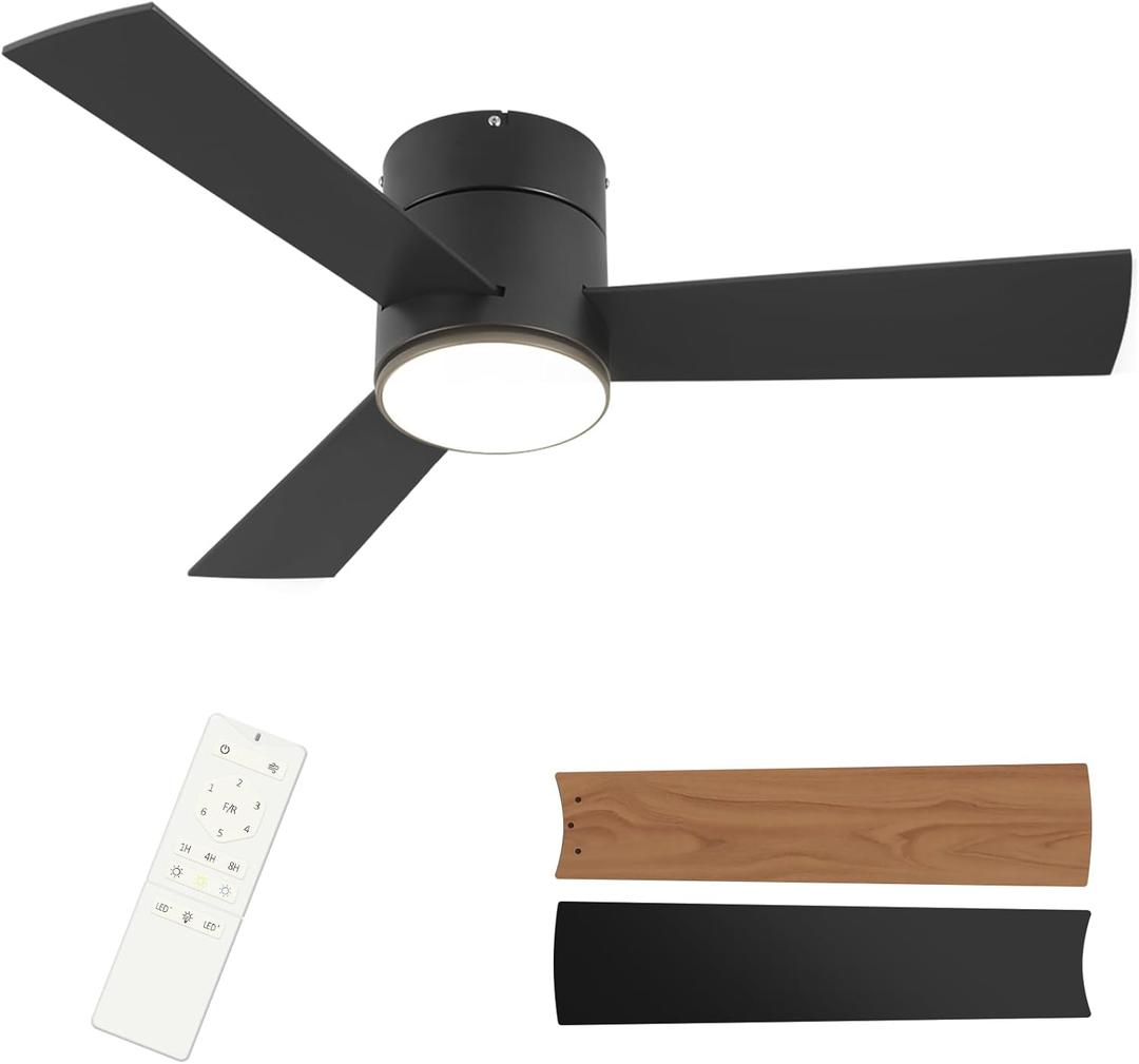GESUM Flush Mount Ceiling Fan with Lights, 42 In Low Profile Ceiling Fans with Remote Control, Dimmable, Quiet DC Motor, Reversible, Black Ceiling Fans for Bedroom Kitchen Porch Patios(Black)